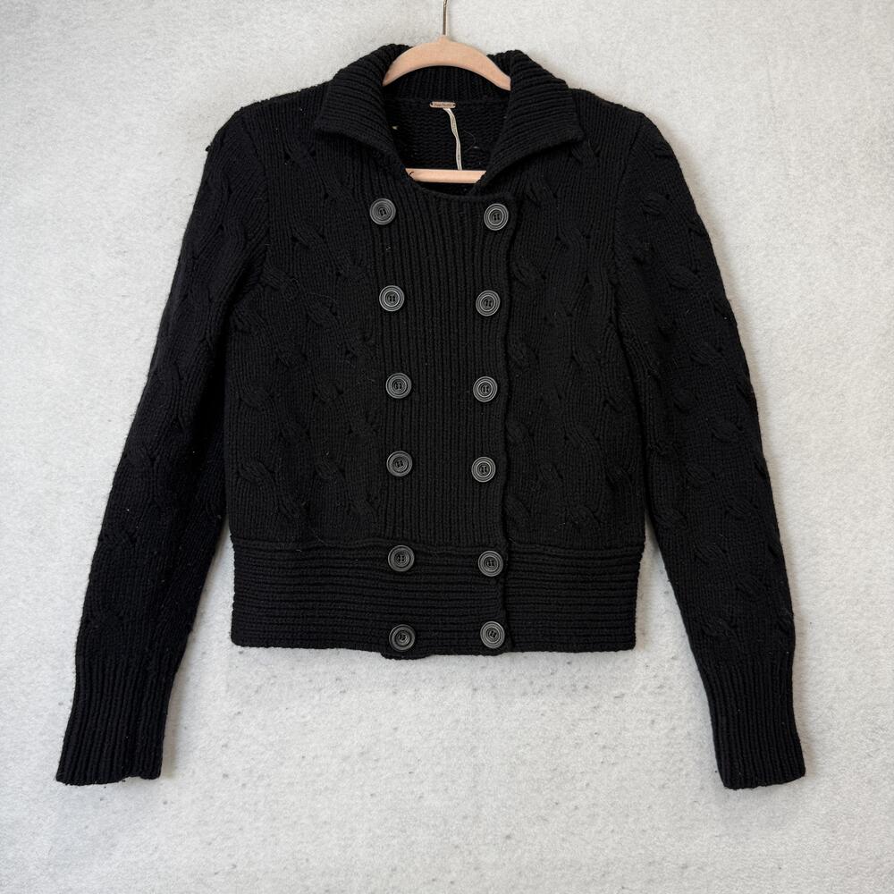 Free People Cardigan Sweater Womens Medium Black Collared Cable Knit Button